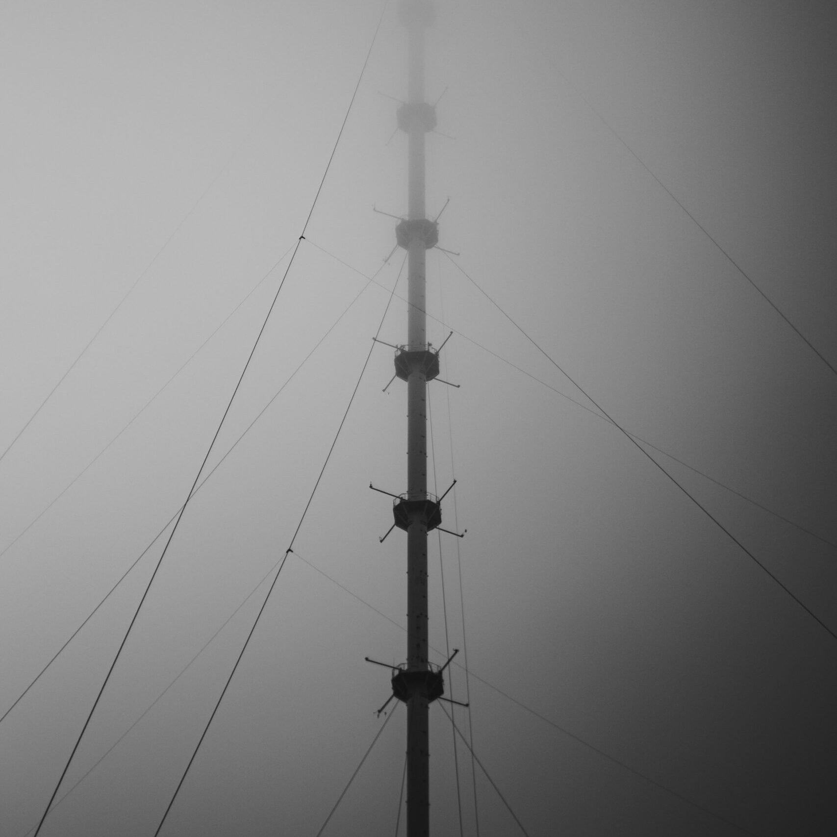 Radio broadcast tower surrounded by fog.